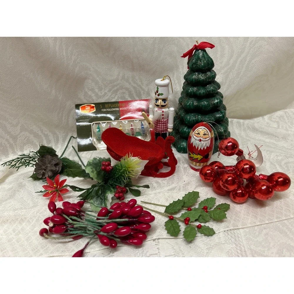 Vintage Christmas Decor and Craft Lot Tree Candle, Sleigh Ornaments Bulbs #13‎